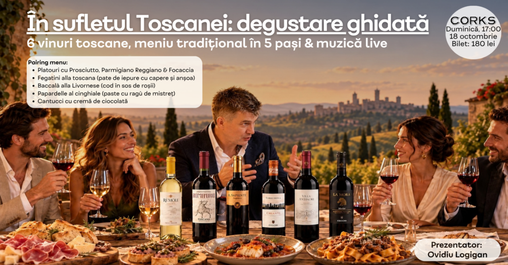 În sufletul Toscanei: degustare ghidată de 6 vinuri toscane, meniu tradițional & muzică live — București